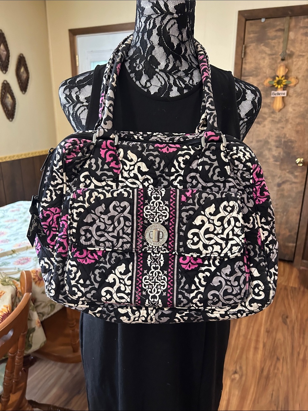 Vera Bradley Quilted Patterned Tote Bag in Black, White & Pink -